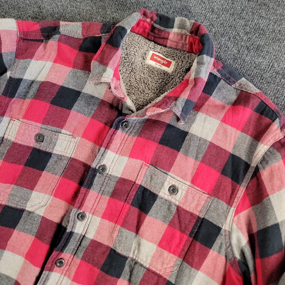 Vintage Wrangler Sherpa Lined Button Up Flannel Shirt Jacket Red Plaid Sz Large